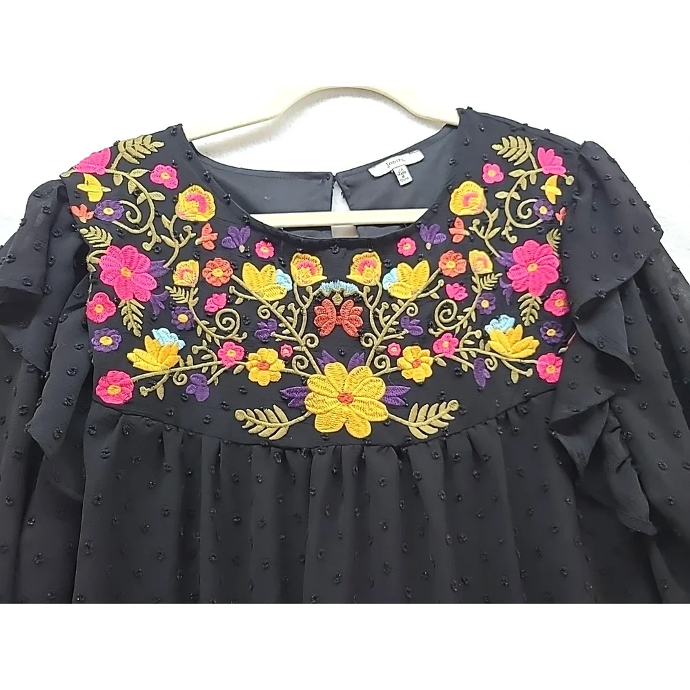 Womens 2X Peasant Blouse Embroidered Yoke Top Chenille Dots Lined Boho Hippie - Picture 3 of 10